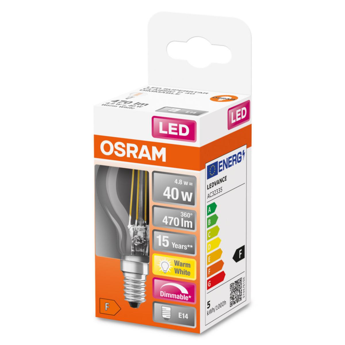 Osram LED litet klot 4,8W 470lm 27000K dimbar E14