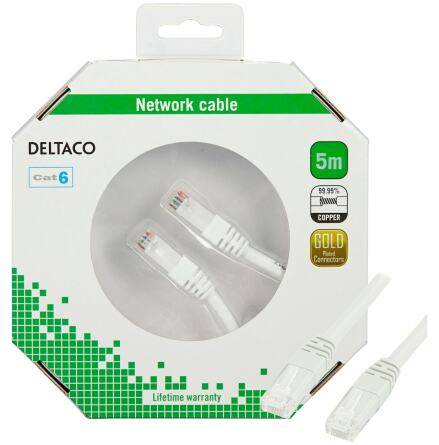 Deltaco Nätverkskabel Cat6, 5m, vit