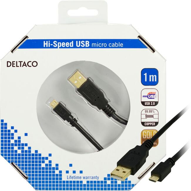 USB kabel Typ A hane - Typ Micro B Hane 1m svart
