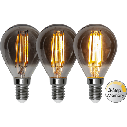 LED litet klot smoke softglow 3-steg minne 2,9W 150lm 2200K E14