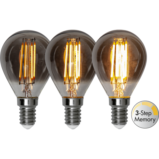 LED litet klot smoke softglow 3-steg minne 2,9W 150lm 2200K E14